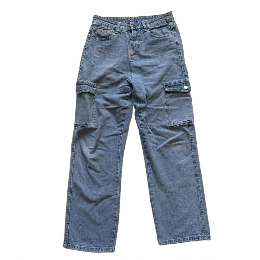 Denim Cargo Pants Utility Stretchy High Waist Wide Leg Pockets Women's Size 29